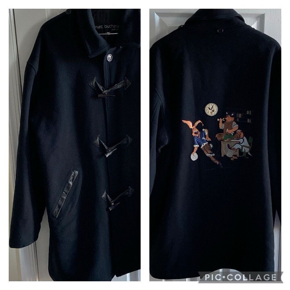 Marc Buchanan Pelle Pelle Rare Duffle Coat Mens 46 Toggle Cartoons Embroidery